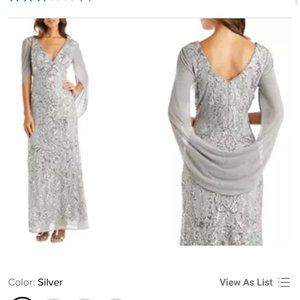 R & M Richards Matte Chiffron Beaded Silver Dress (Size 6)